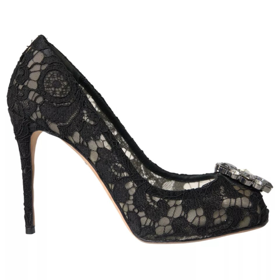 Dolce &amp; Gabbana Black Taormina Pointed Crystal Heel Pumps Shoes