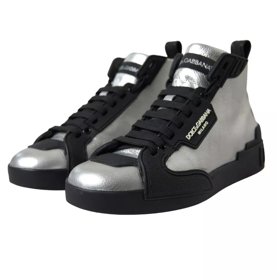 Dolce &amp; Gabbana Black Silver Logo Mid Top Men Sneakers Shoes