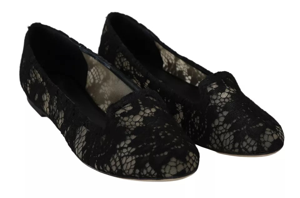 Dolce & Gabbana Schwarz Floral Spitze Loafers Flats Schuhe