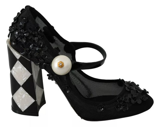 Dolce &amp; Gabbana Black Floral Embellish Heels Mary Janes Pumps -kengät