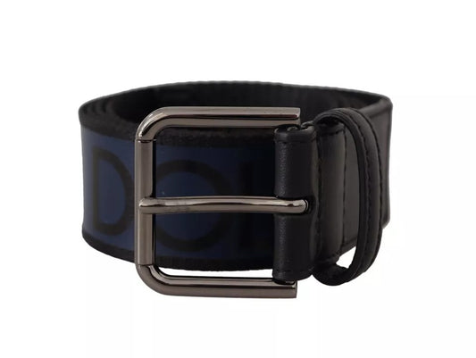 Dolce &amp; Gabbana Blue Black Logo Print Silver Buckle Belt