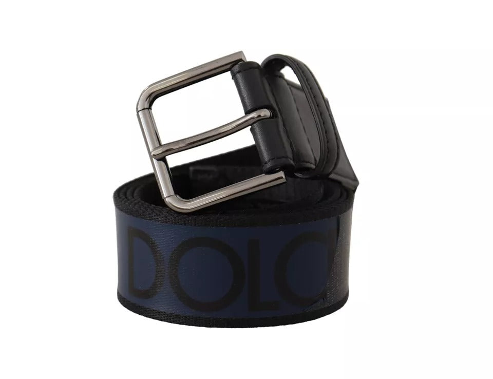 Dolce & Gabbana Blau Schwarz Logo Druck Silber Schnalle Gürtel