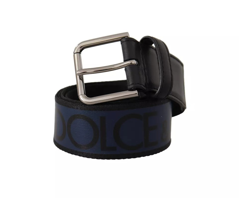 Dolce & Gabbana Blau Schwarz Logo Druck Silber Schnalle Gürtel