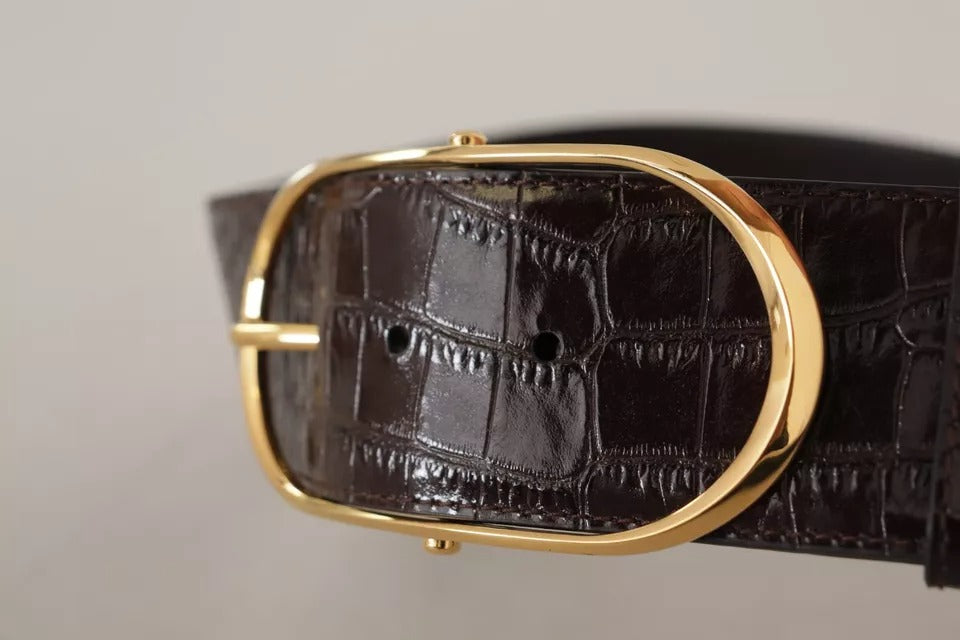 Dolce & Gabbana Braunes Krokodilmuster Leder Gold Oval Schnalle Gürtel