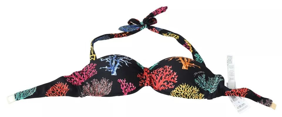 Dolce &amp; Gabbana Black Coral Print Swimsuit Beachwear Bikini Top