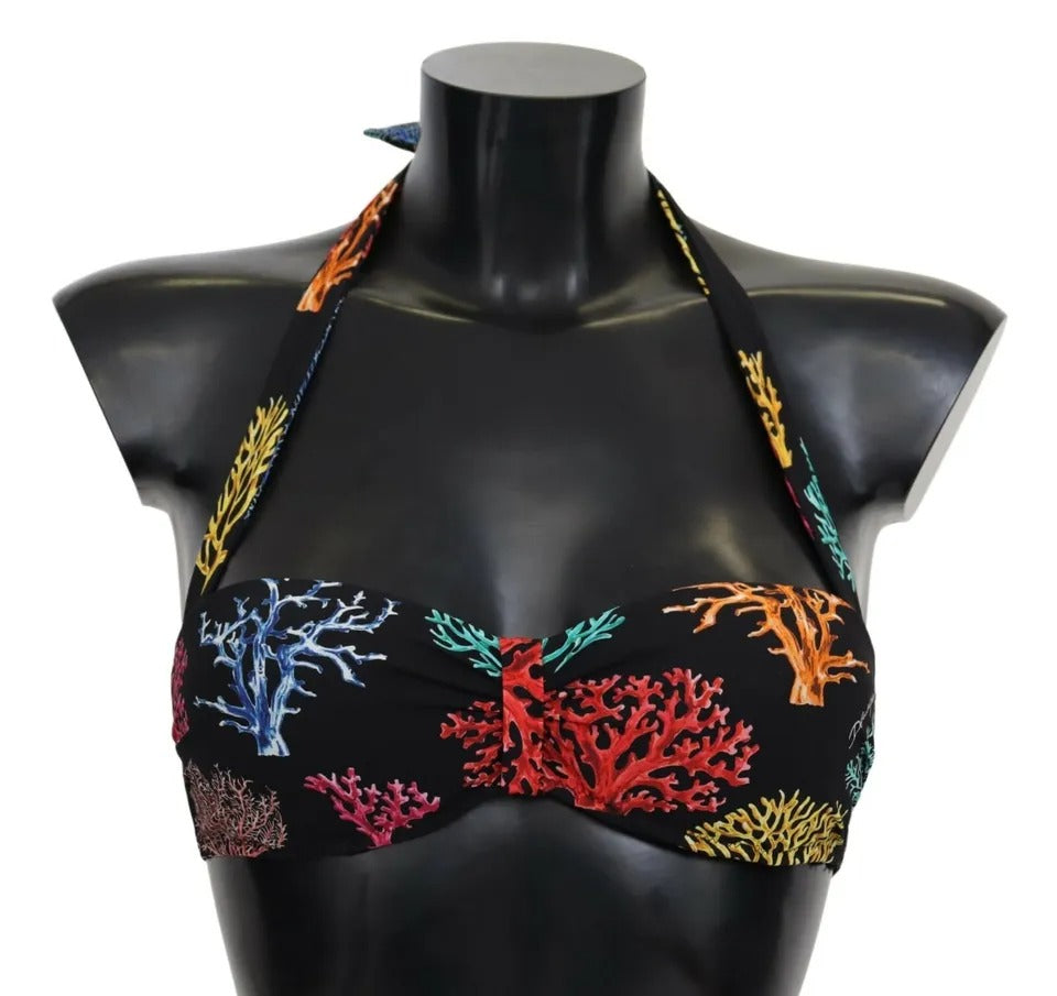 Dolce &amp; Gabbana Black Coral Print Swimsuit Beachwear Bikini Top