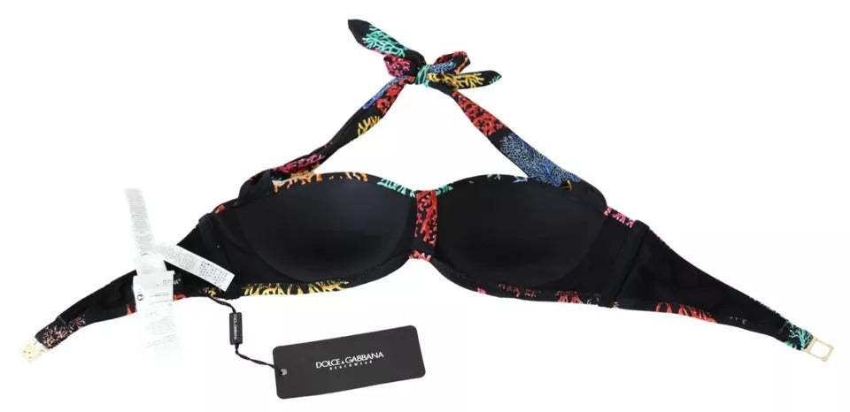 Dolce &amp; Gabbana Black Coral Print Swimsuit Beachwear Bikini Top