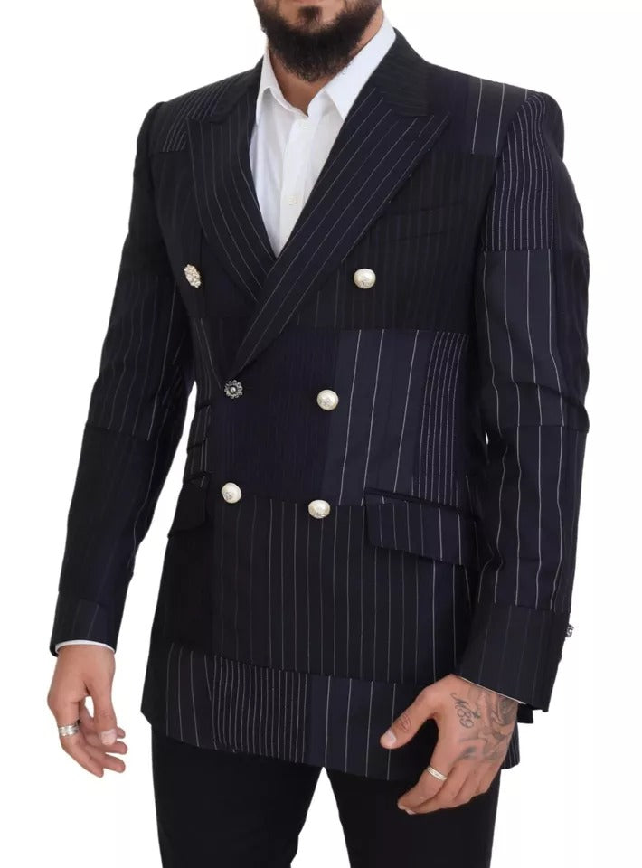 Dolce & Gabbana Blauer Woll-Patchwork-Blazer im Zweireiher