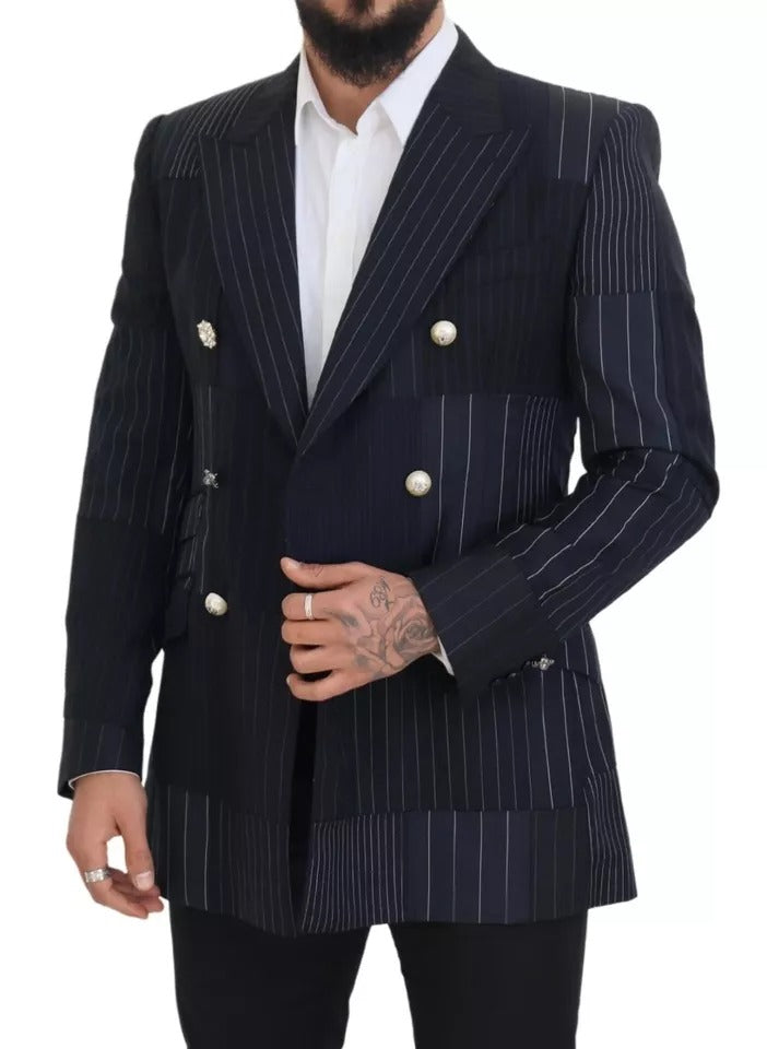 Dolce & Gabbana Blauer Woll-Patchwork-Blazer im Zweireiher