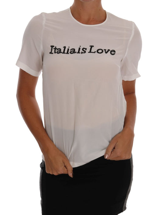 Dolce &amp; Gabbana White Silk Sequin -pusero "Italia Is Love"