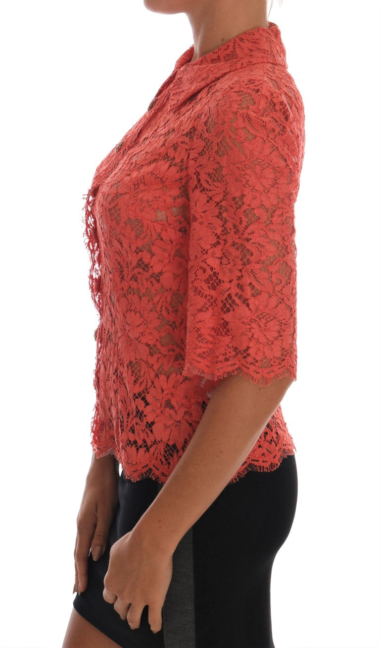 Dolce &amp; Gabbana Elegant Orange Floral Lace Crystal Cardigan Blouse