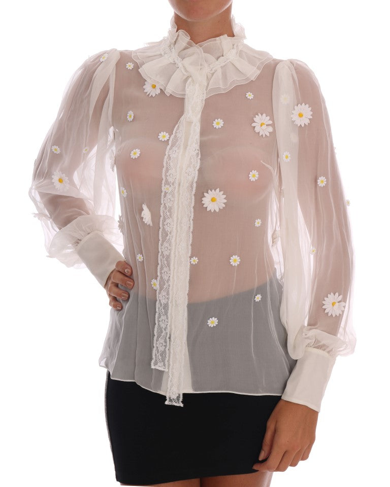 Dolce &amp; Gabbana Elegant White Silk Blouse with Daisy