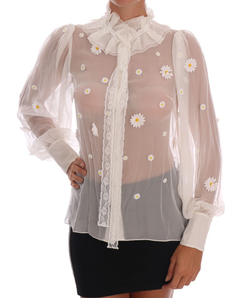 Dolce &amp; Gabbana Elegant White Silk Blouse with Daisy