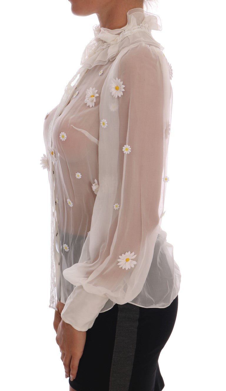 Dolce &amp; Gabbana Elegant White Silk Blouse with Daisy