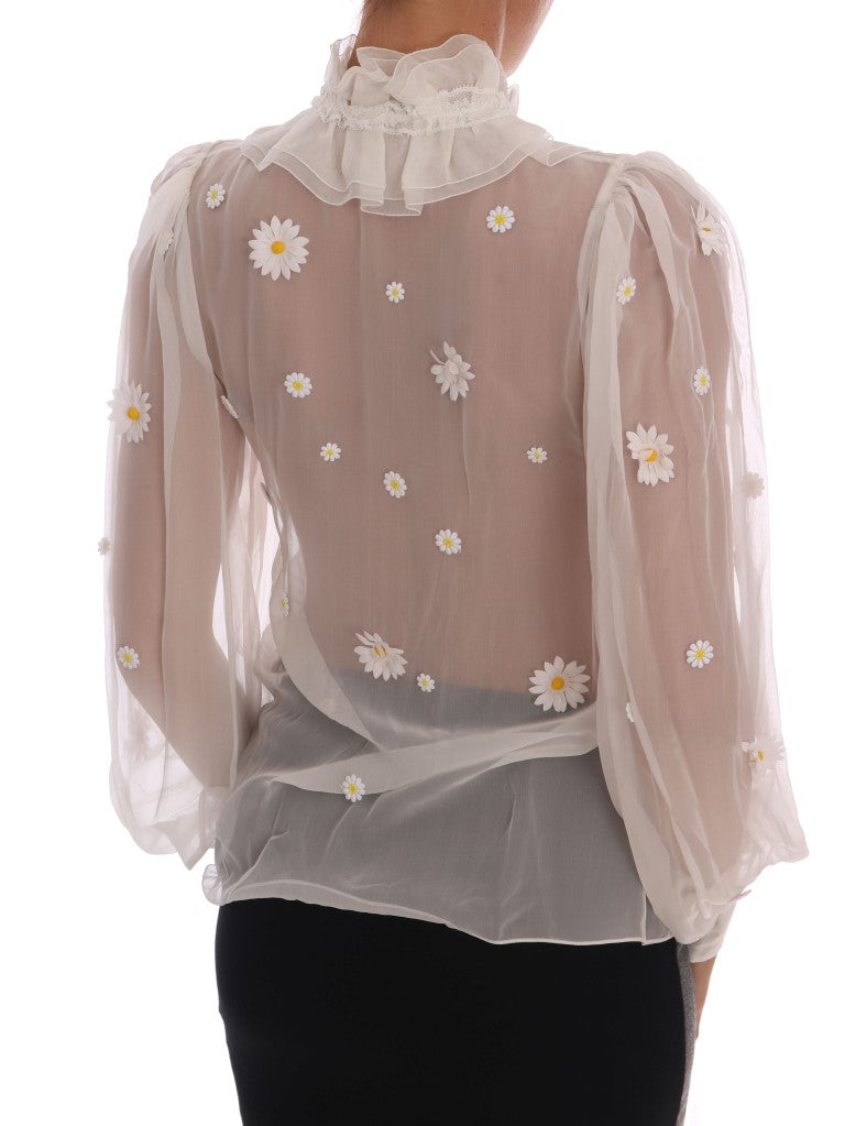 Dolce &amp; Gabbana Elegant White Silk Blouse with Daisy