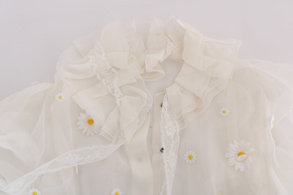 Dolce &amp; Gabbana Elegant White Silk Blouse with Daisy