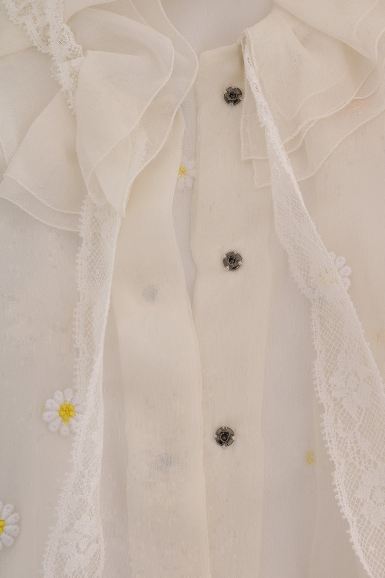 Dolce &amp; Gabbana Elegant White Silk Blouse with Daisy