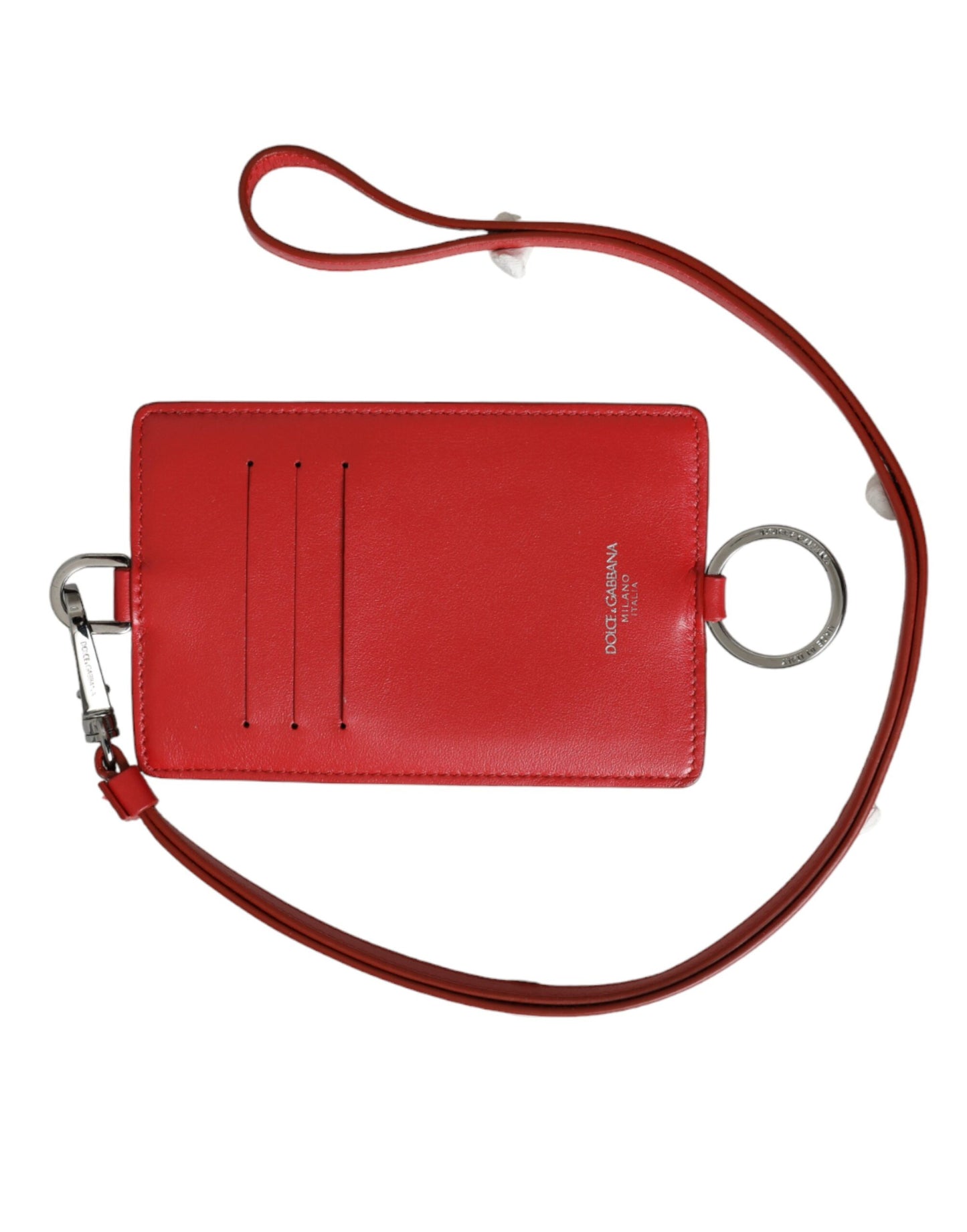 Dolce &amp; Gabbana Red Calfskin Lanyard Logo Card Holder Wallet