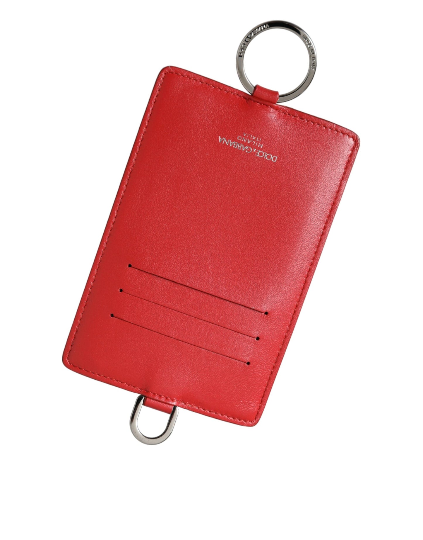 Dolce &amp; Gabbana Red Calfskin Lanyard Logo Card Holder Wallet