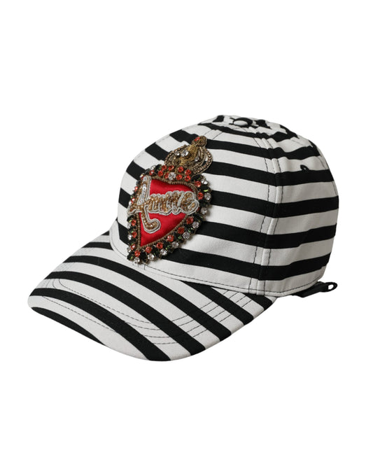 Dolce &amp; Gabbana Black White Stripe Amore Heart Applikoitu baseballlippis