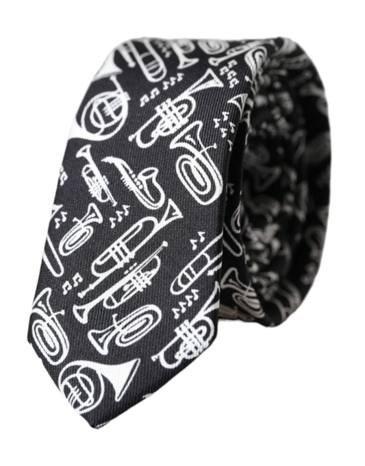 Dolce &amp; Gabbana Black silk tie with trumpet print, adjustable