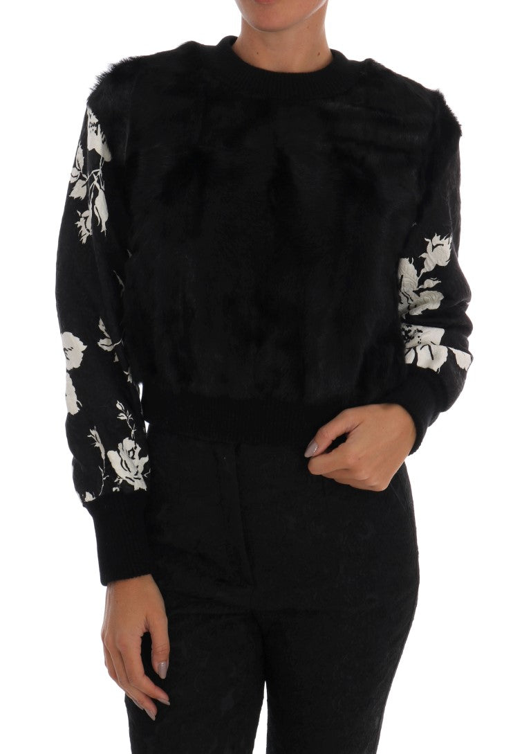 Dolce &amp; Gabbana Black Sweater with Floral Brocade and Fur