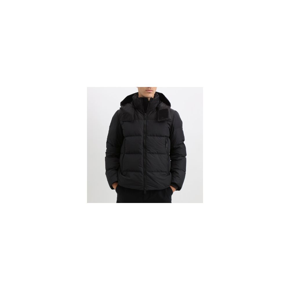 Add Black polyester men's jacket with removable hood