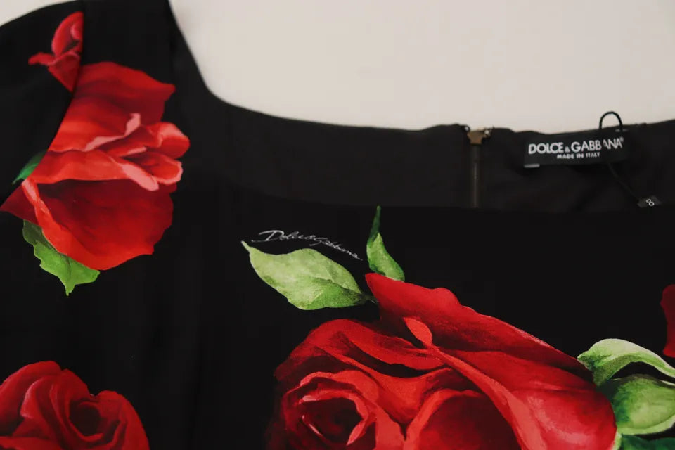 Dolce &amp; Gabbana Black and Red Roses Stretch Silk Shift -mekko