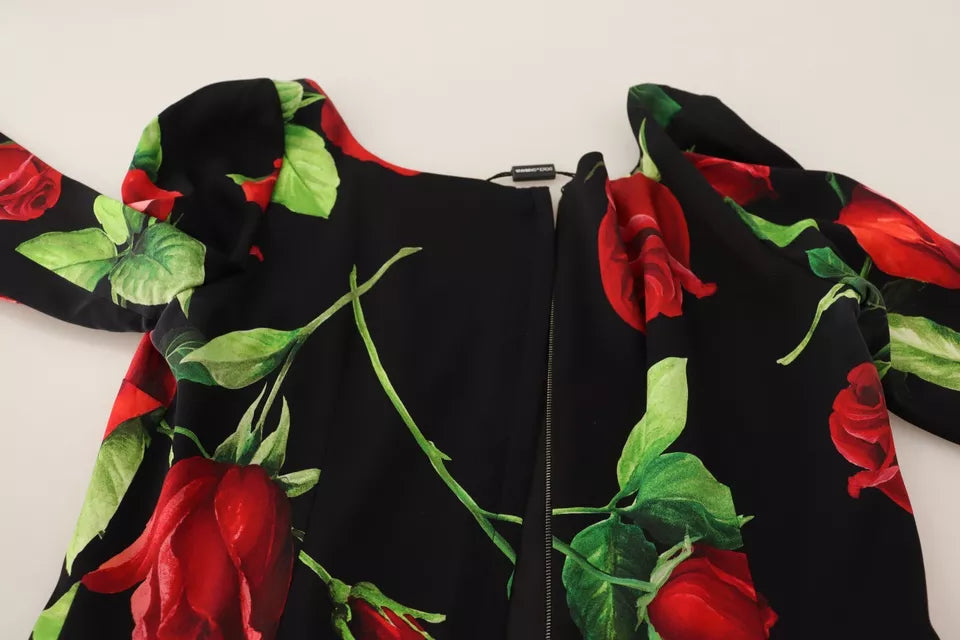 Dolce &amp; Gabbana Black and Red Roses Stretch Silk Shift -mekko