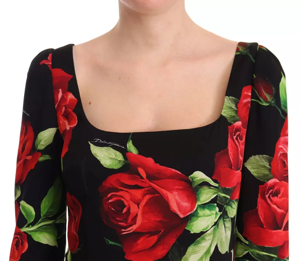 Dolce &amp; Gabbana Black and Red Roses Stretch Silk Shift -mekko