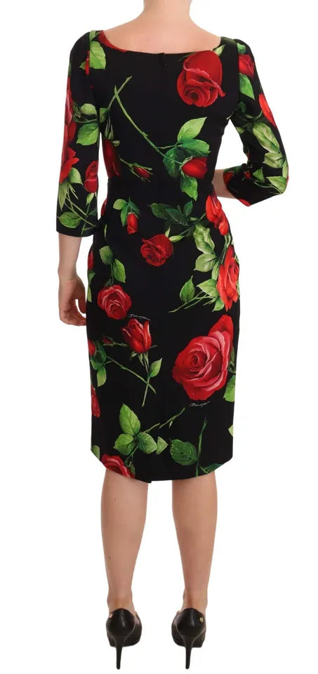 Dolce &amp; Gabbana Black and Red Roses Stretch Silk Shift -mekko