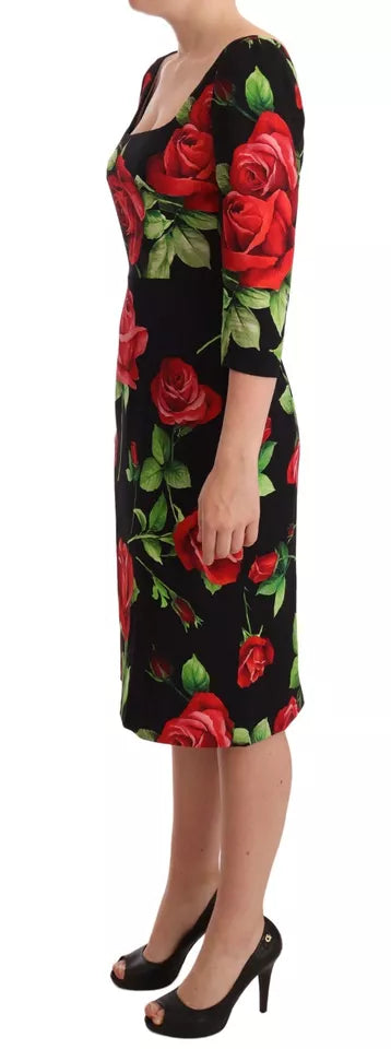 Dolce &amp; Gabbana Black and Red Roses Stretch Silk Shift -mekko