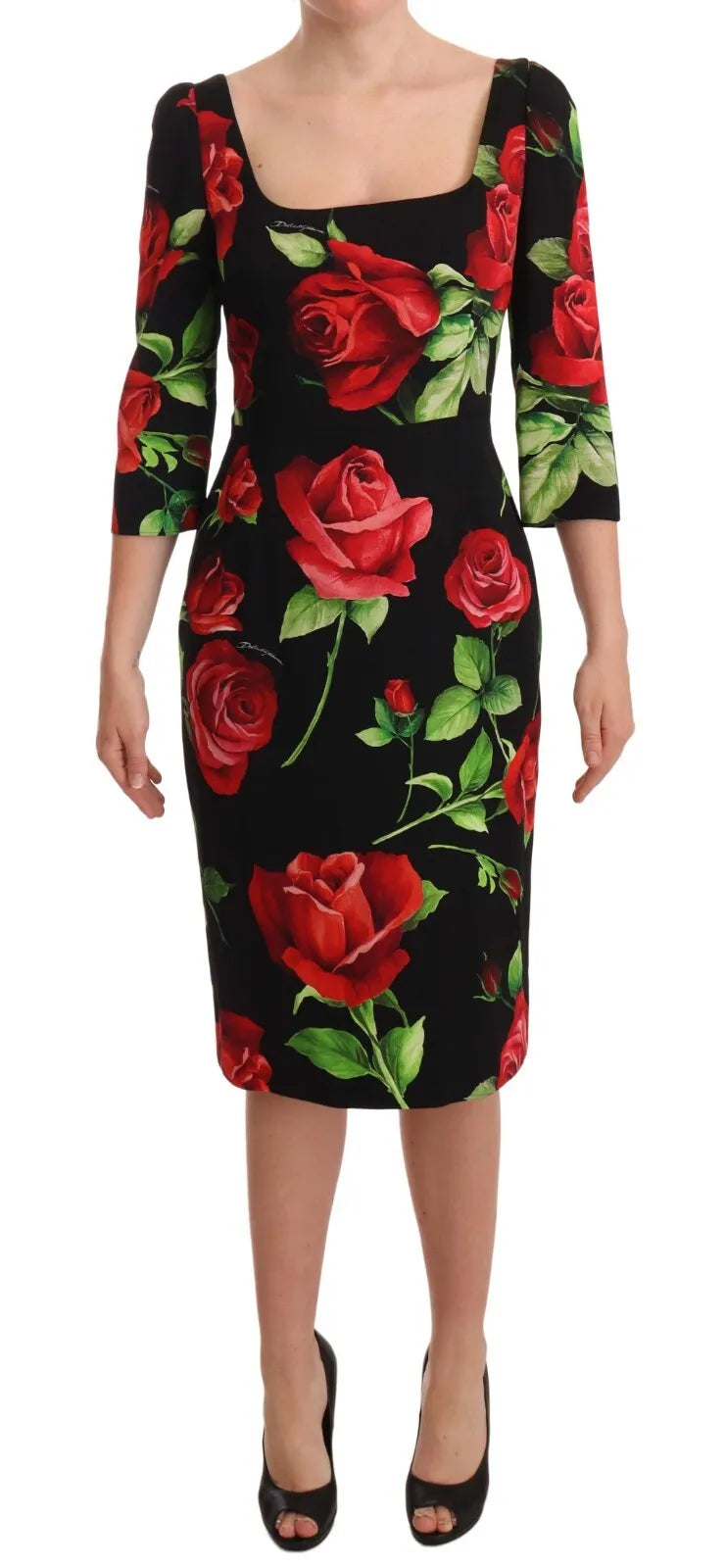 Dolce &amp; Gabbana Black and Red Roses Stretch Silk Shift -mekko