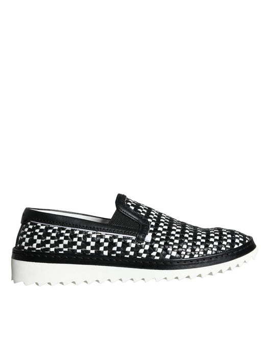 Dolce &amp; Gabbana Black White Weaved Slip On Men Loafers -kengät