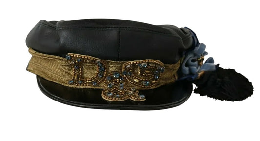 Dolce &amp; Gabbana Musta Nahkainen Crystal Beads Gold Ribbon Fiddler Cap