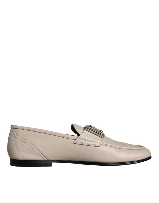 Dolce &amp; Gabbana Beige Nahka Logo Plaque Slip On Miesten Loafers Shoes