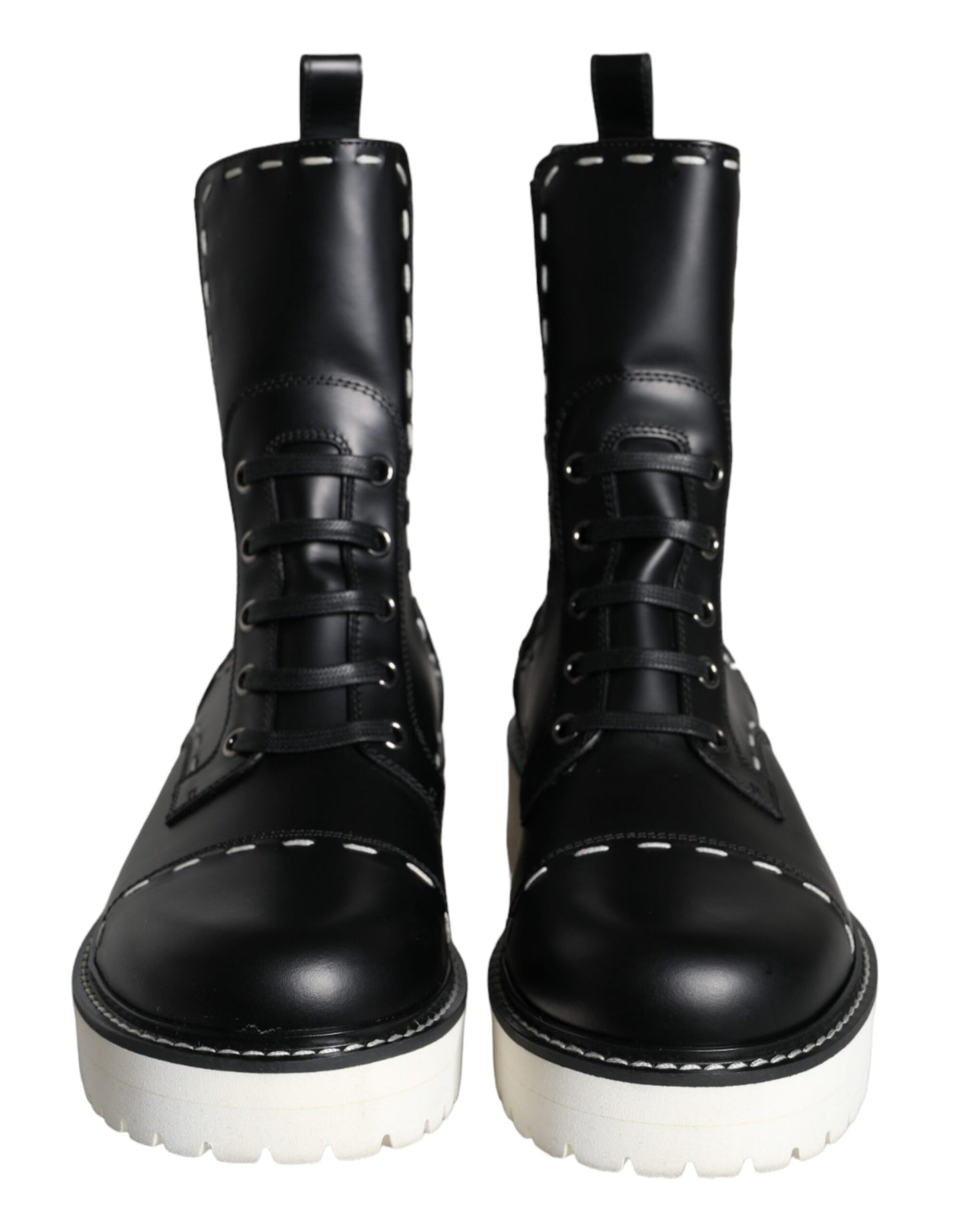 Dolce &amp; Gabbana Black Leather Combat Mid Calf Boots -kengät