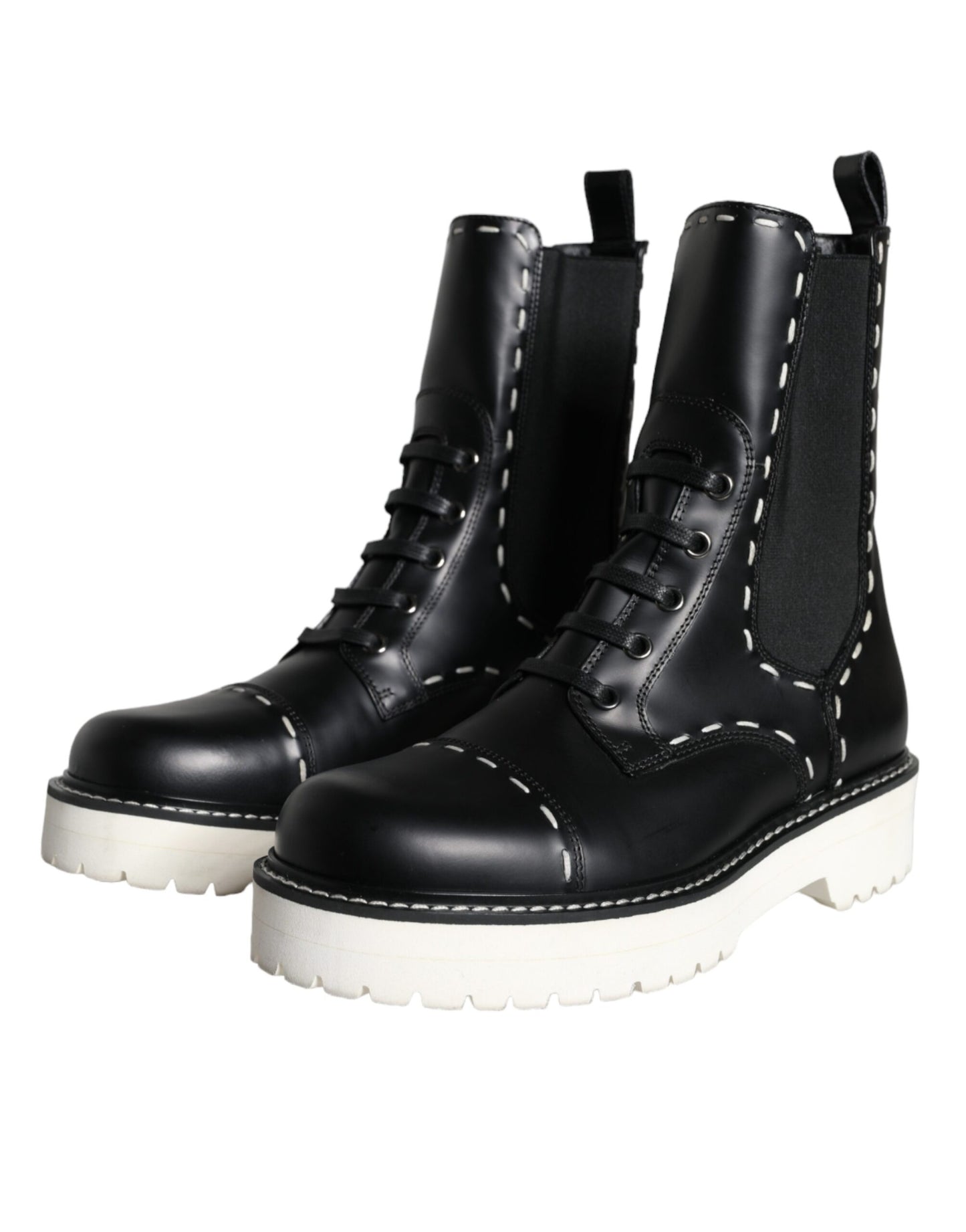 Dolce &amp; Gabbana Black Leather Combat Mid Calf Boots -kengät