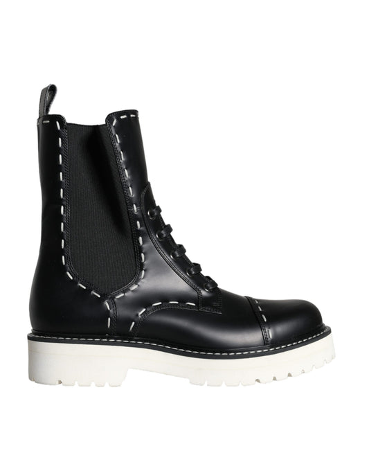 Dolce &amp; Gabbana Black Leather Combat Mid Calf Boots -kengät