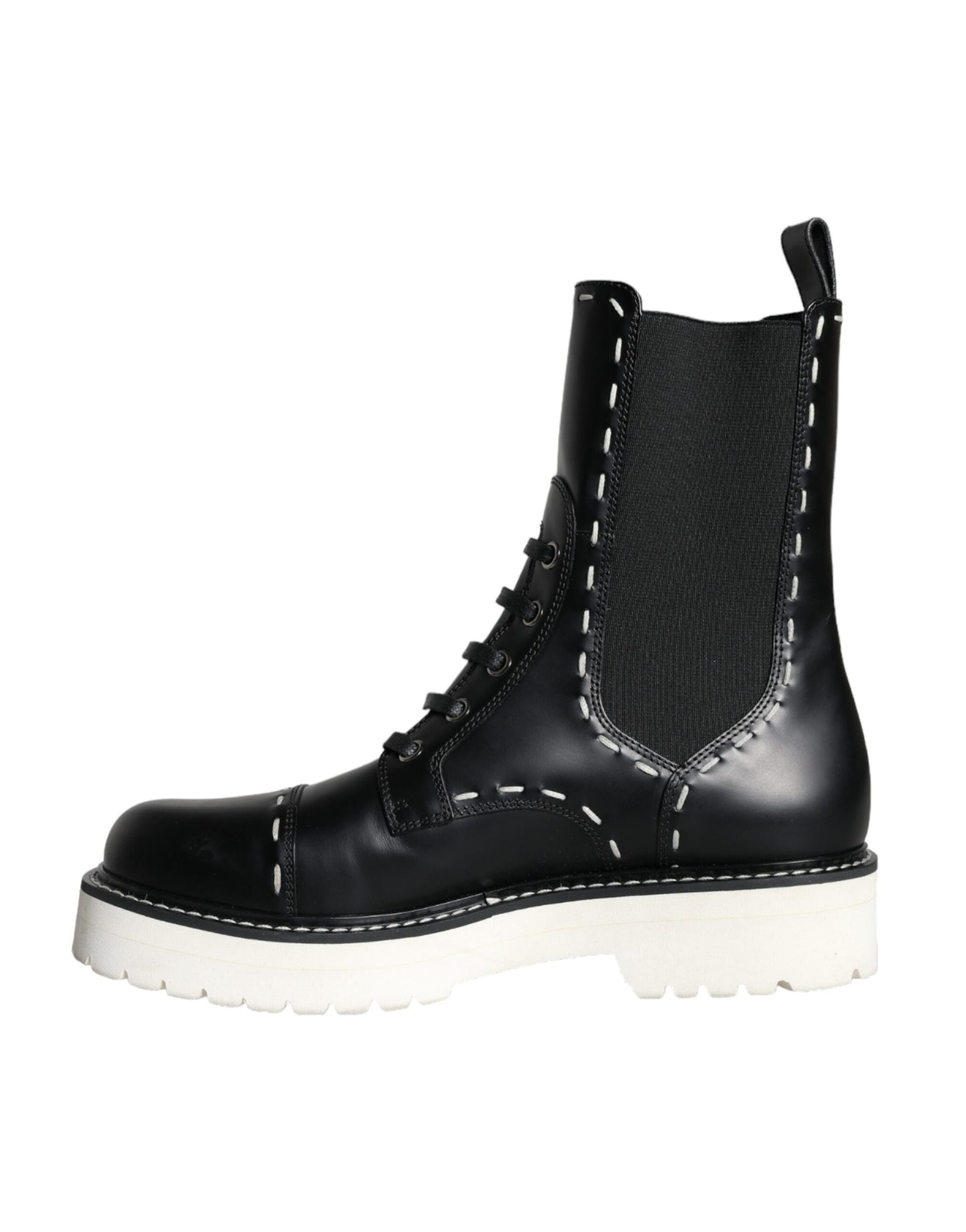 Dolce &amp; Gabbana Black Leather Combat Mid Calf Boots -kengät