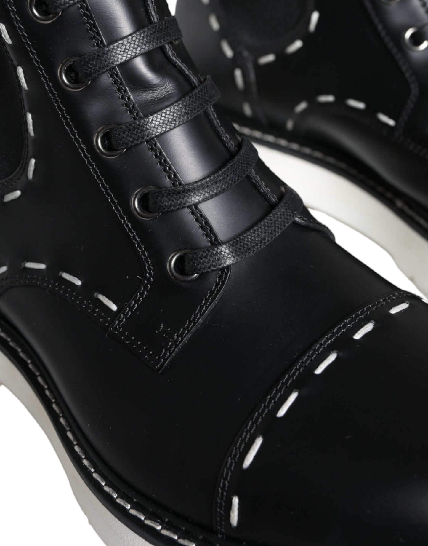 Dolce &amp; Gabbana Black Leather Combat Mid Calf Boots -kengät