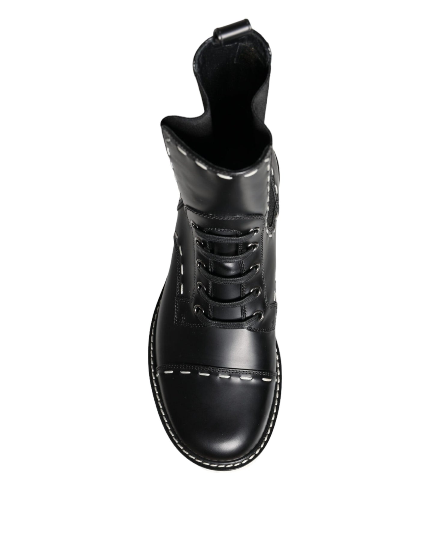 Dolce &amp; Gabbana Black Leather Combat Mid Calf Boots -kengät