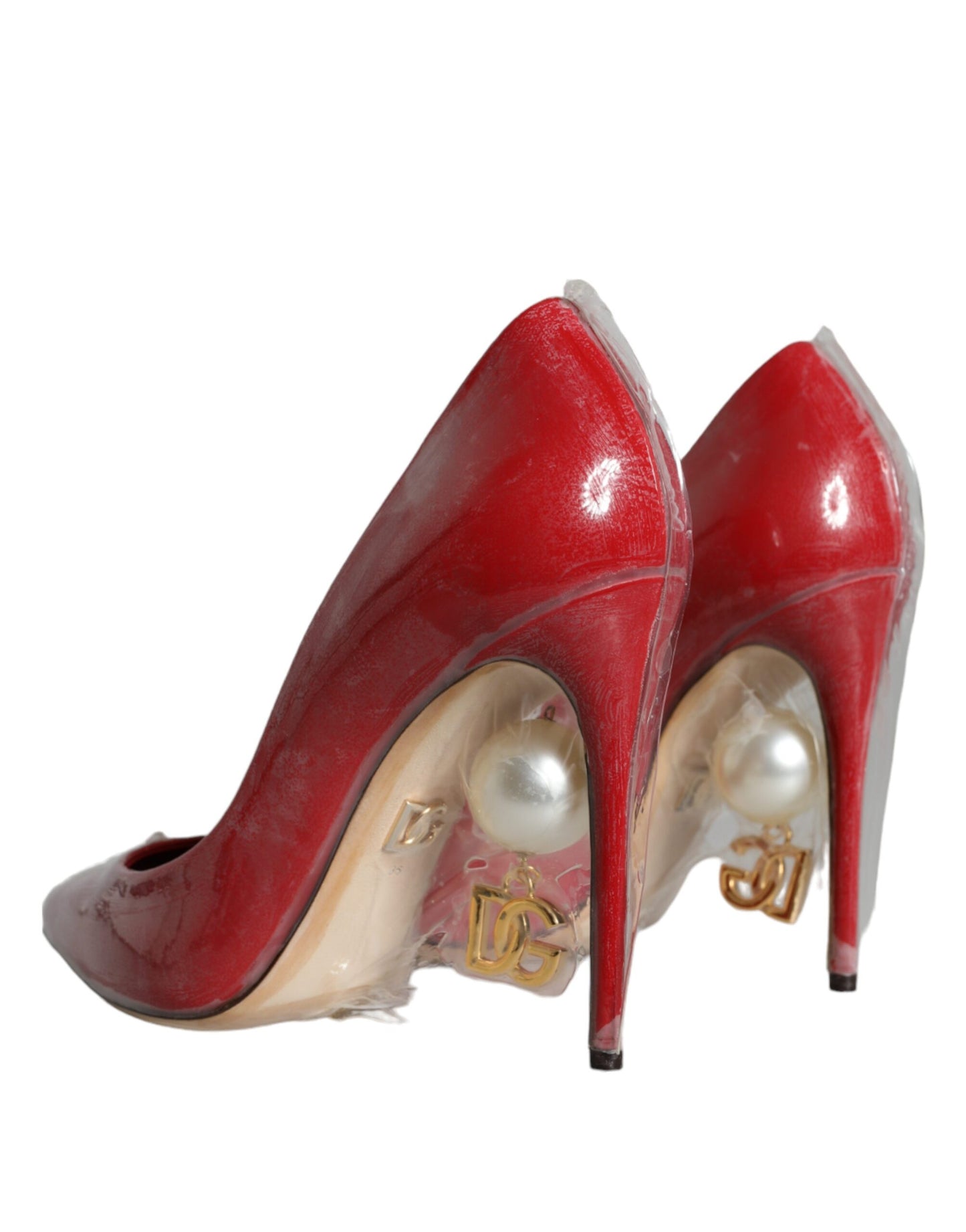 Dolce &amp; Gabbana Red Patent Leather Faux Pearl Heels Pumps Shoes