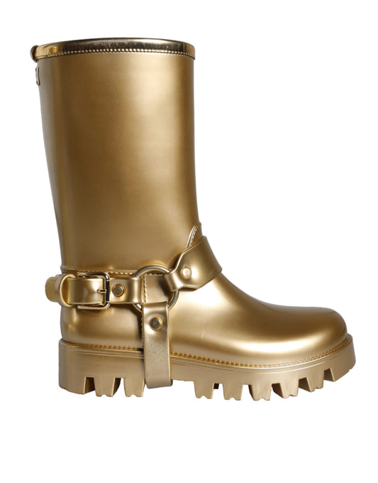 Dolce & Gabbana Metallic Gold Gummi PVC Regen Stiefel Schuhe