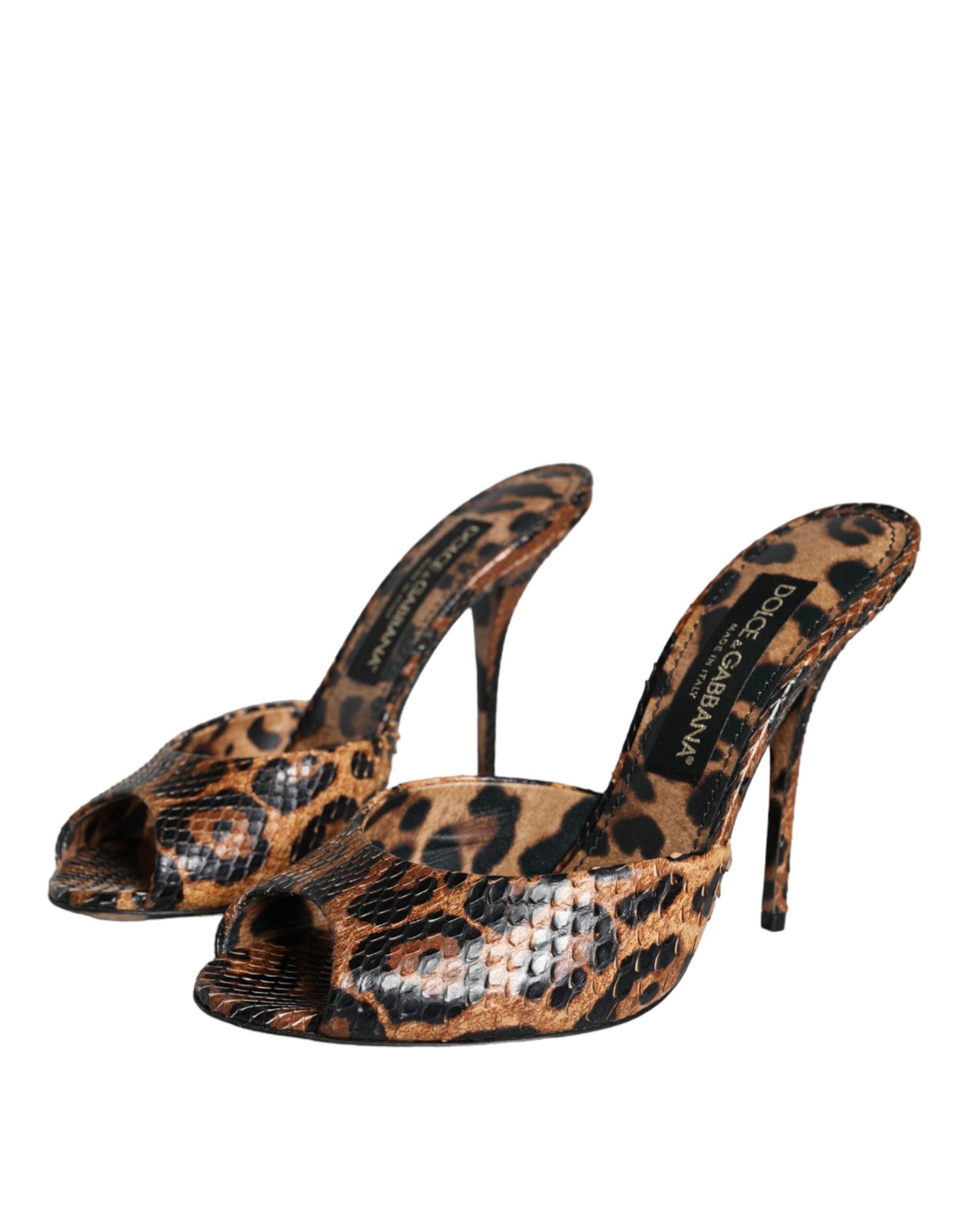 Dolce &amp; Gabbana Brown Leopard Leather Slide Heels Sandals Shoes