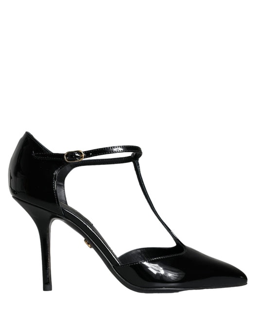 Dolce &amp; Gabbana Black Leather T-Strap Stiletto High Heels Shoes