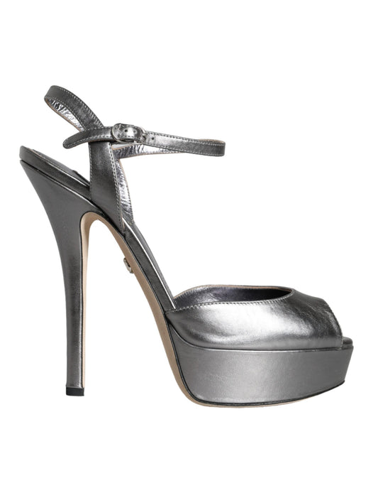 Dolce &amp; Gabbana Metallic Silver Leather Keira Platform Sandals -kengät