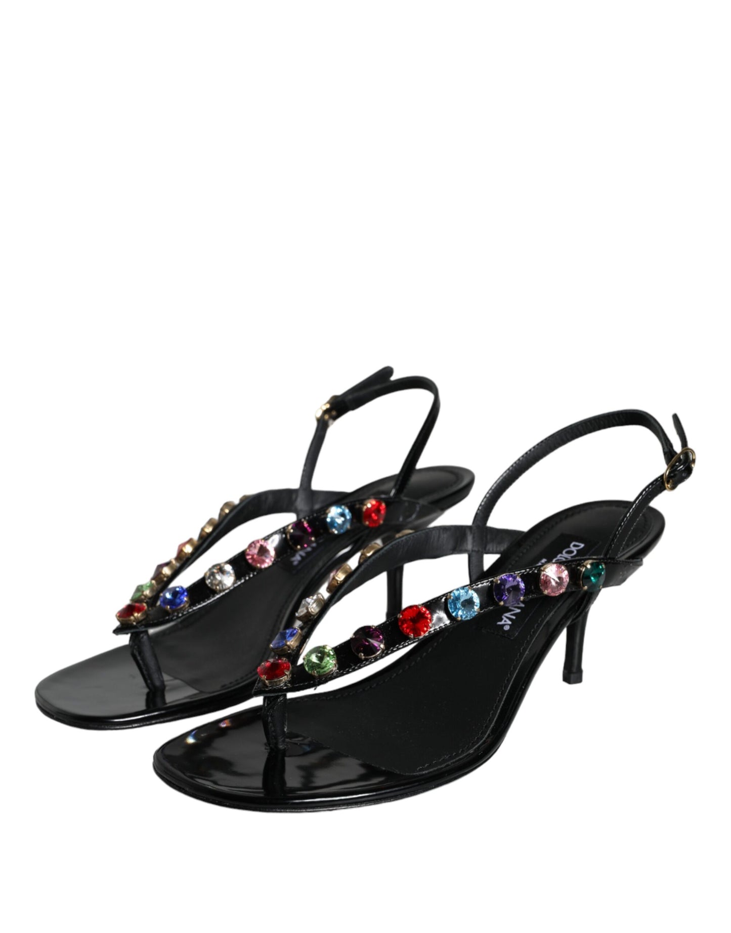 Dolce &amp; Gabbana Black Leather Crystal Slingback Sandals -kengät