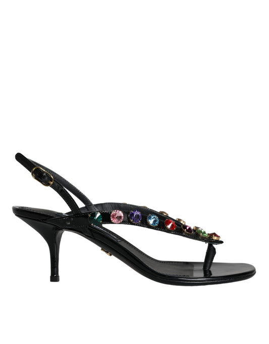 Dolce &amp; Gabbana Black Leather Crystal Slingback Sandals -kengät