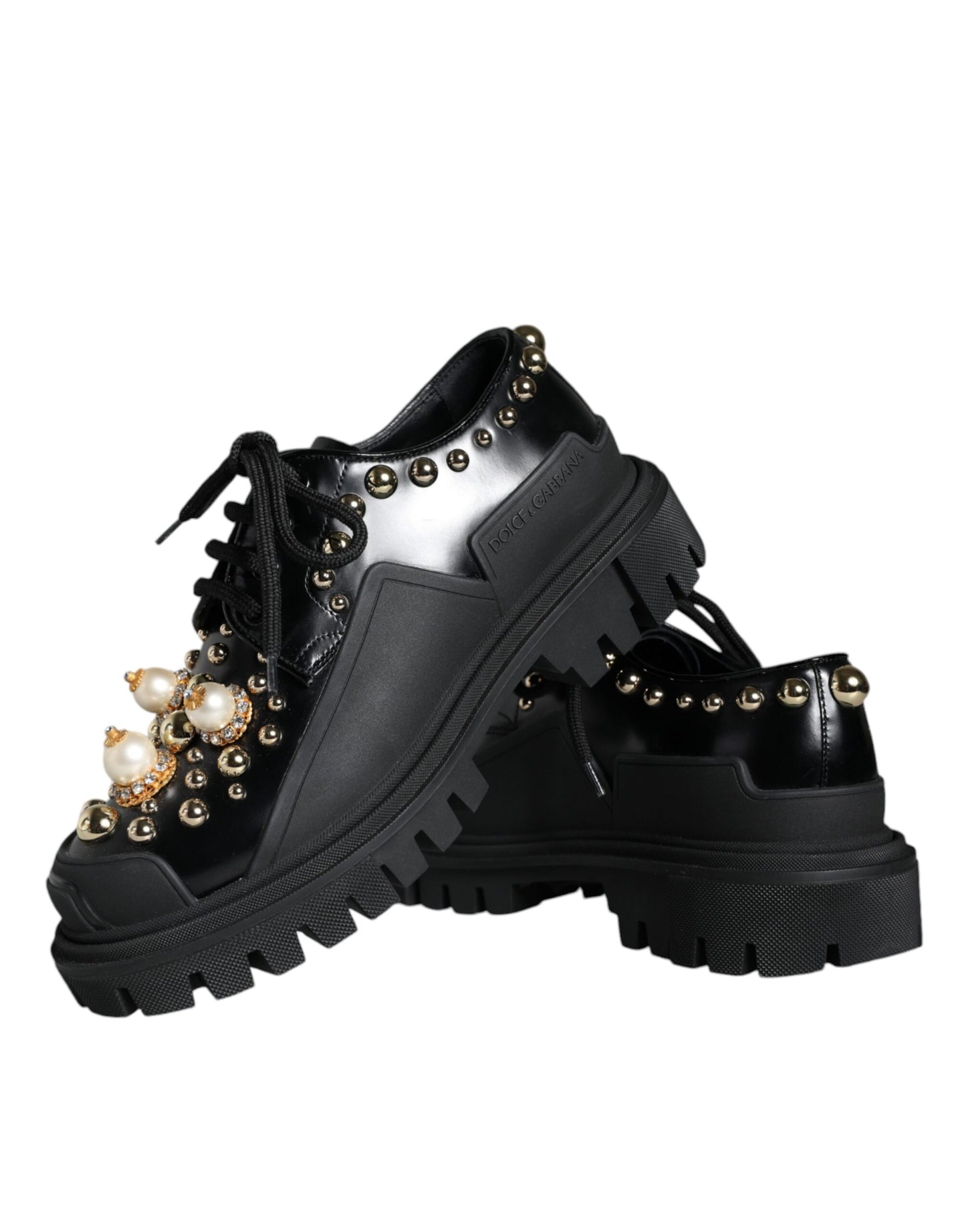 Dolce & Gabbana Schwarze Leder Trekking Derby verschönerte Schuhe